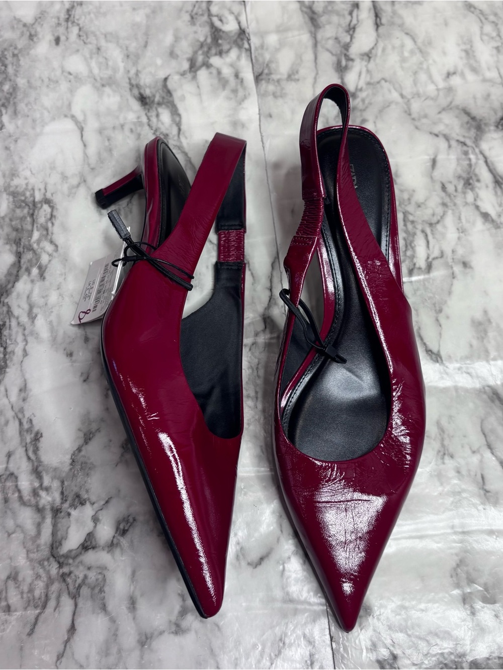 Zara Burgundy Red Patent Leather Slingback Pointed Toe Kitten Heels NWT SIZE 9